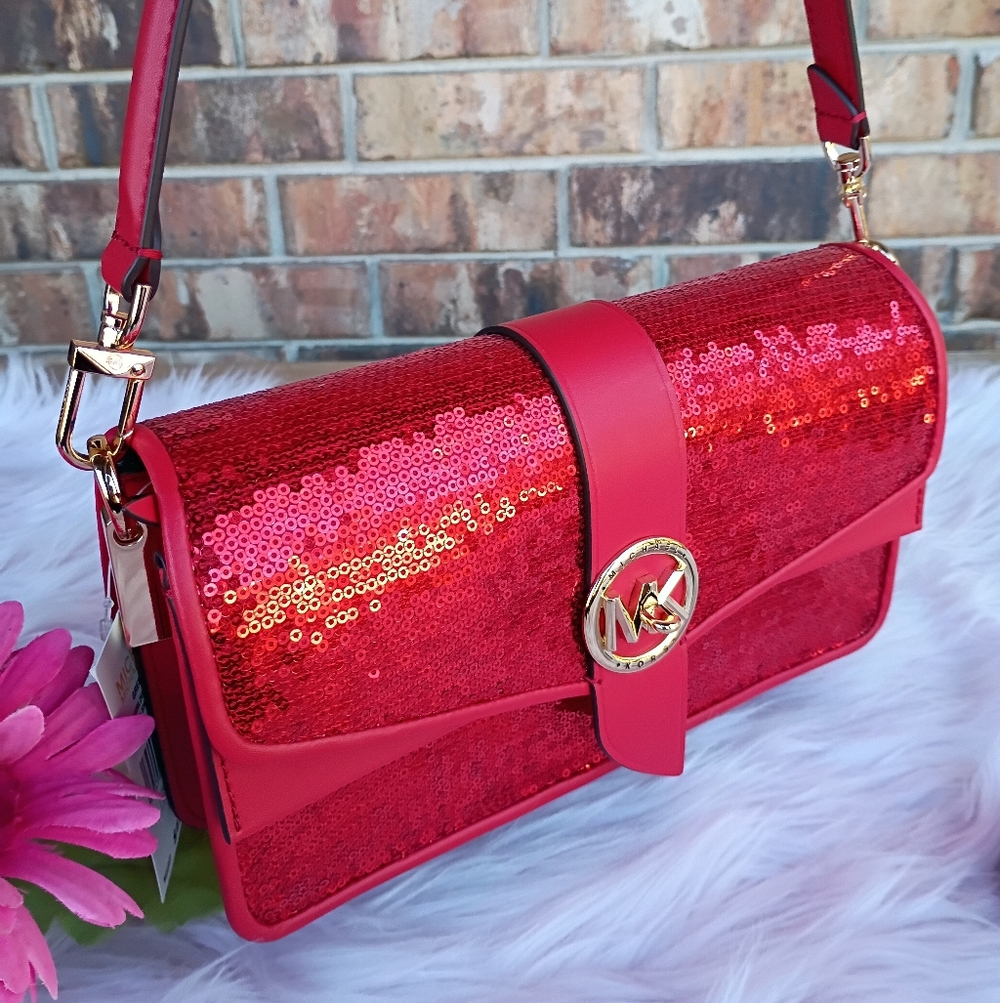 NEW Michael Kors Valentine Red Sequin Greenwich Medium Convertible Shoulder Bag